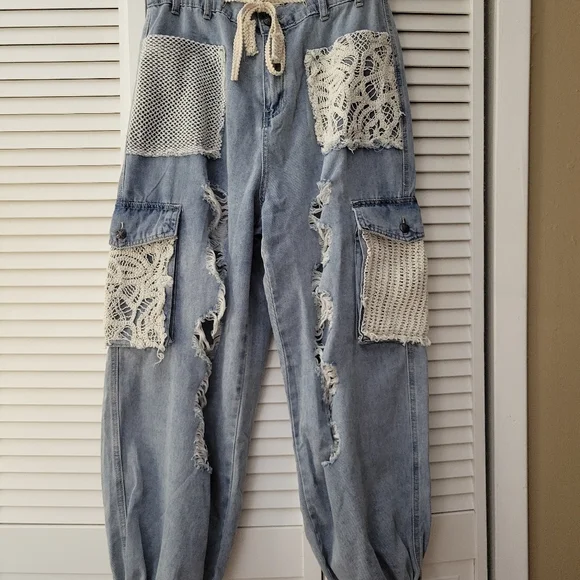 POL Jeans Womens Distressed Blue Jeans With Lace Accents